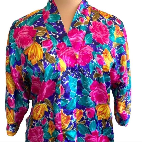 Vintage 80s Fredrick’s of Hollywood Robe Bright Floral Kimono Style Silky Small - Picture 3 of 10